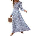 Vestido Maxi Floral Azul com Gola de Folho e Manga Comprida