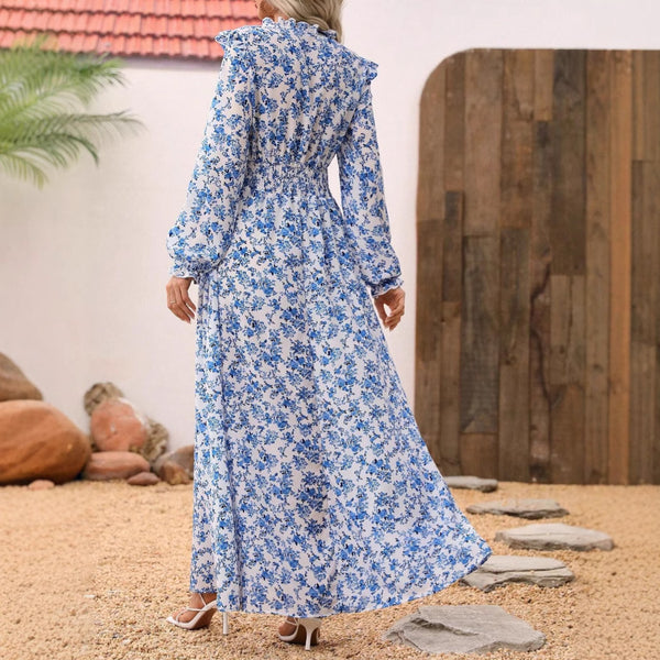 Vestido Maxi Floral Azul com Gola de Folho e Manga Comprida