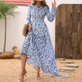 Vestido Maxi Floral Azul com Gola de Folho e Manga Comprida