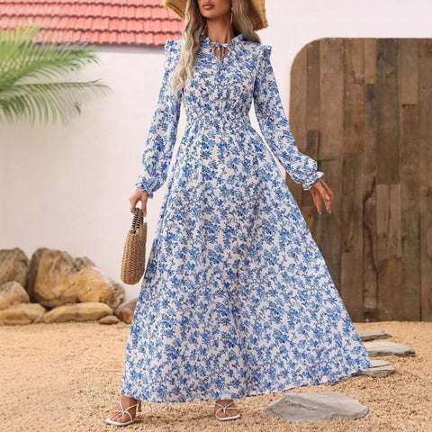 Vestido Maxi Floral Azul com Gola de Folho e Manga Comprida