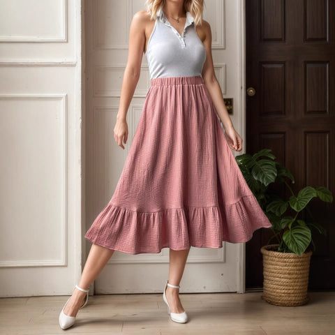Saia Midi Rosa Antigo em Gauze com Folho na Bainha
