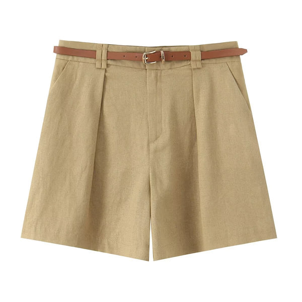 Calções de Linho com Prega Frontal e Bolsos