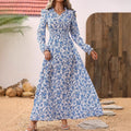 Vestido Maxi Floral Azul com Gola de Folho e Manga Comprida