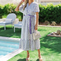 Vestido Midi Floral Lavanda com Manga Borboleta e Cinto