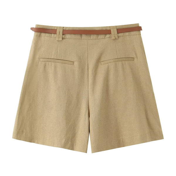 Calções de Linho com Prega Frontal e Bolsos